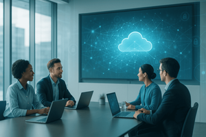 Four business professionals collaborate around a table with laptops in a modern conference room while a screen behind them displays a glowing cloud network graphic.
