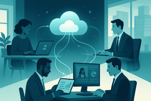 Illustration of remote employees connected via a central cloud icon while working on laptops and video conferencing in a modern office.