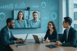 A modern, diverse team of professionals collaborating around a sleek digital workspace, some in person and some appearing on a large video conferencing screen.