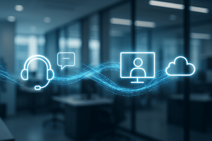 A modern, professional office environment with abstract visualizations of interconnected communication networks