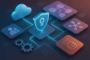 Abstract digital illustration of interconnected security icons, including a shield, cloud, gears and network nodes, representing data security across IT systems.