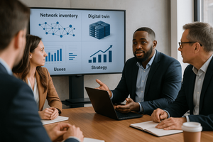 A group of businesspeople in a meeting room look at a screen displaying four labeled panels: 'Network inventory' with a node diagram, 'Digital twin' with a stacked-server icon, 'Usees' with bar and line charts, and 'Strategy' with an upward trend arrow.