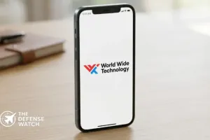 Smartphone displaying the World Wide Technology logo on its screen, standing upright on a desk with a notebook blurred in the background.