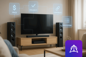 A home theater setup with a flat-screen TV, soundbar, and speakers in a modern living room, surrounded by floating digital cards labeled Price, Availability, Compatibility, and Specifications.