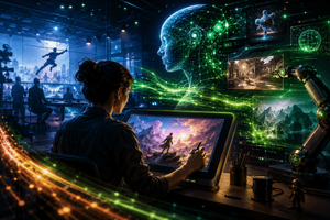 A digital artist works at a dual-monitor workstation displaying colorful concept art, with glowing light trails symbolizing AI-assisted creative workflows.