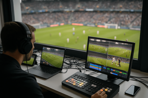 Image of a man wearing headphones in a broadcast booth overlooking a soccer pitch, sitting in front of a monitor and laptop showing different angles of play.