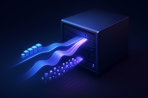 Abstract illustration of a data storage array with glowing blue and purple streams of light flowing into it, symbolizing unified block, file, and object storage.