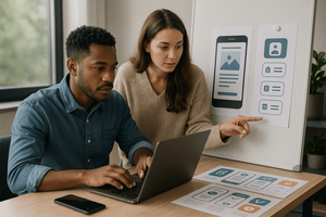 Man working on computer with woman standing next to him