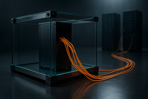 Abstract dark digital illustration of glowing orange and teal light trails flowing through translucent glass and metallic structures, symbolizing network pathways and security boundaries.