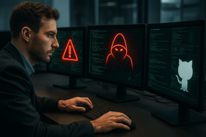 Man working at a computer with 3 monitors