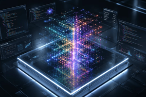 Image of AMD chip with colorful laser sparks shooting out of the middle up to the sky