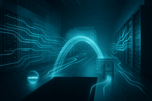 A sleek, futuristic data center interior bathed in cool blue and teal light, where glowing streams of light flow automatically between server racks, connecting compute, storage, and networking layers into a seamless orchestrated pipeline
