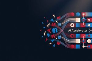 Abstract dark blue graphic with red and blue geometric shapes and connected nodes representing the AI Accelerator program.