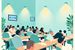 Flat-style illustration of a classroom workshop with rows of attendees seated at long tables under pendant lighting, laptops open, with plants in the background.
