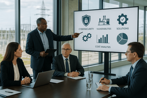 Man in suit points to a wall-mounted screen showing cybersecurity, vulnerabilities, solutions, cost analysis icons, as three colleagues at a conference table listen