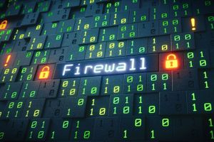 Digital cybersecurity illustration showing the word "Firewall" glowing among rows of binary code, with lock icons and warning symbols highlighting network security and threat protection.