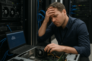 An IT professional holds his head in frustration while working on server hardware in a data center.