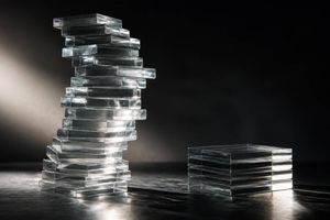 Two stacks of translucent glass slabs on a dark reflective surface, one stack towering_and unstable, the other low, dense and precisely aligned. Dramatic single-source side_lighting, deep shadows, subtle caustics through the glass