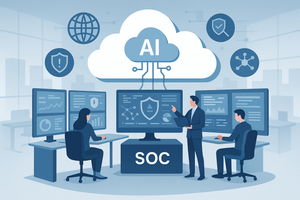 Inforgraphic of three security experts looking at several computer screens that are showing security measures to protect their organization's AI