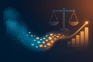 Abstract illustration of glowing token particles flowing from documents through a network into a rising scale and bar chart, symbolizing AI token costs in insurance.