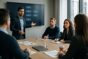 A presenter gestures toward a flowchart diagram on a screen while explaining a strategy to four colleagues seated around a conference table.