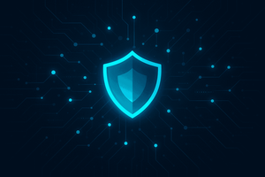 Illustration of a glowing blue shield icon connected to a network of security nodes, symbolizing firewall protection.