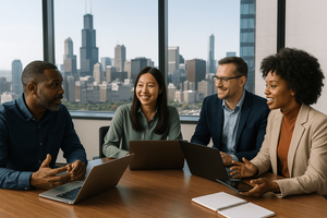 People in a meeting with laptops in front of them