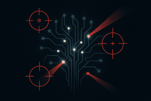 a glowing neural network or circuit pattern being probed by scanning light beams