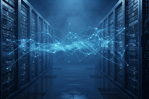 A digital illustration of a data center server aisle with a glowing blue network of connected nodes and lines floating between the racks, representing network connectivity and observability.