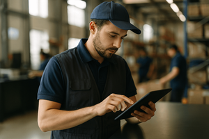 A retail or warehouse worker in work attire holding or using a tablet at a warehouse floor