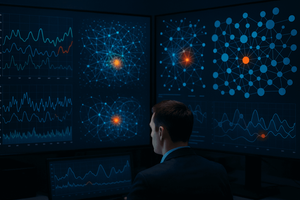 A security analyst views a wall of monitors displaying SOC data visualizations, including line charts and network graphs with anomalies highlighted in orange and red.