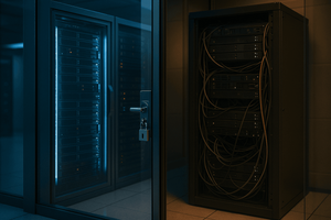 A glass server-room door with a padlock stands open on a brightly lit, secured server rack on the left, while an exposed, tangled server cabinet sits in dim light on the right, illustrating a divide between secured and unsecured infrastructure.