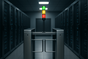 a security checkpoint gate with a green/amber/red signal system inside a data-center corridor