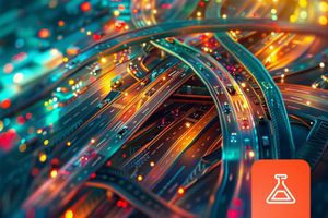 A mix of electronic boards and what appears to be cars on a highway interchange 