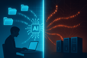 A split-screen showing data flowing in two directions: on one side, an employee's device transmitting sensitive files toward unsanctioned AI applications, on the other side, malicious code streams 