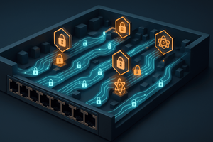Stylized illustration of a network switch with glowing blue circuit traces and orange padlock and atom icons, symbolizing encrypted data and quantum computing.