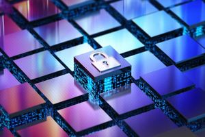 Lock icon displayed on a glowing digital cube among interconnected circuitry blocks, representing cybersecurity, data protection, and secure digital infrastructure.
