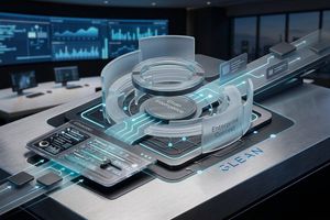 AI-generated illustration of a futuristic console labeled "GLEAN" on a dark control-room desk, with translucent panels reading "Glean Intelligence" and "Enterprise Context" and a panel labeled "COMMAND," set against blurred data-dashboard screens in the background.