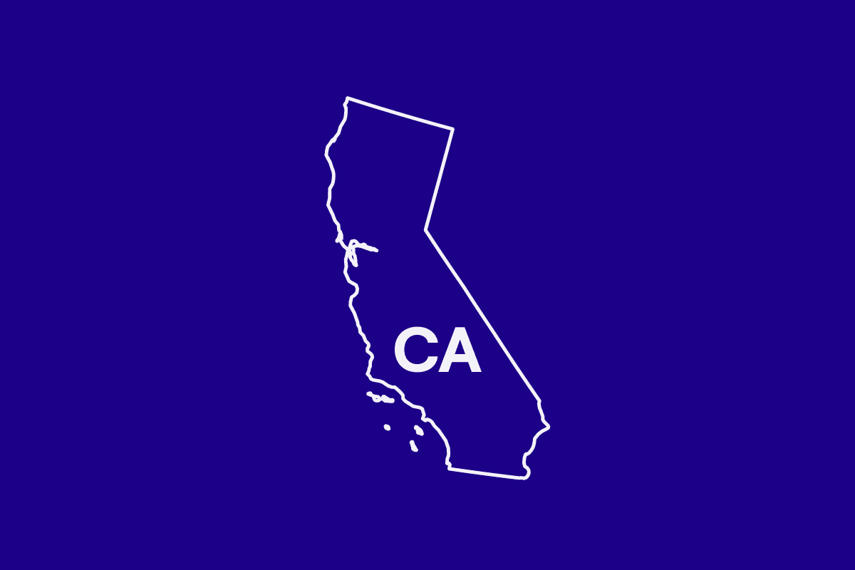 White outline of state of California with CA over the state. Blue blackground. 