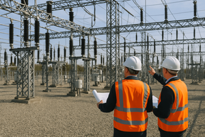Two utility workers in orange safety vests and hard hats inspect an outdoor electrical substation, one pointing toward the equipment.