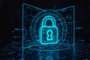 Digital padlock icon glowing in blue at the center of a futuristic network interface, representing AI security, cybersecurity protection and secure enterprise technology