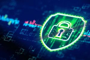 Glowing digital shield with a padlock icon displayed over a blue and green data network background, representing cybersecurity and data protection.