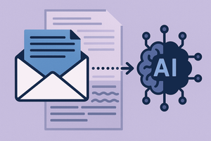 An open envelope with a letter in front of a document of greeked placeholder text, with a dotted arrow pointing to a brain icon labeled 'AI' surrounded by connected nodes, representing an email being processed by artificial intelligence.