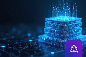 Abstract digital network of glowing lines and nodes. Stacked layers of luminous circuits with data streams ascending. Technology and information processing concept in dark blue. Overlaid by WWT's Research logo of a white paper plane on a purple background.