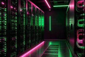 data center with pink and green lights