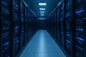 Data center enviornement, hallway, blue color 