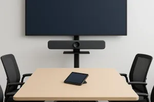 A modern huddle room setup featuring a compact video bar mounted on a mobile rolling stand beside a large display screen