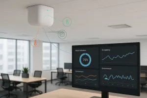 A modern office ceiling-mounted sensor device discreetly monitoring a workspace, with subtle visual indicators representing environmental data streams