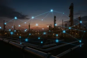 A wide-angle photorealistic image of an oil and gas refinery or pipeline facility at dusk