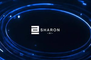 Glowing blue circular light trails surround the SHARON AI logo against a dark futuristic background, creating a sleek visual that conveys advanced artificial intelligence and digital innovation.